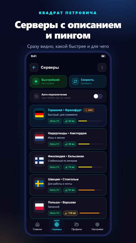 Список серверов с описанием, флагами стран и цветным пингом